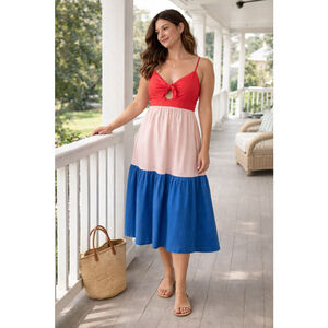 J Crew 10P Colorblock Midi Dress Tie Front Cutout Fit Flare Preppy Sundress